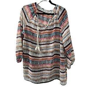 Sandra Ingrish Tribal Stripe Chiffon Size L Multicolor Tassel Tie Boho Festival